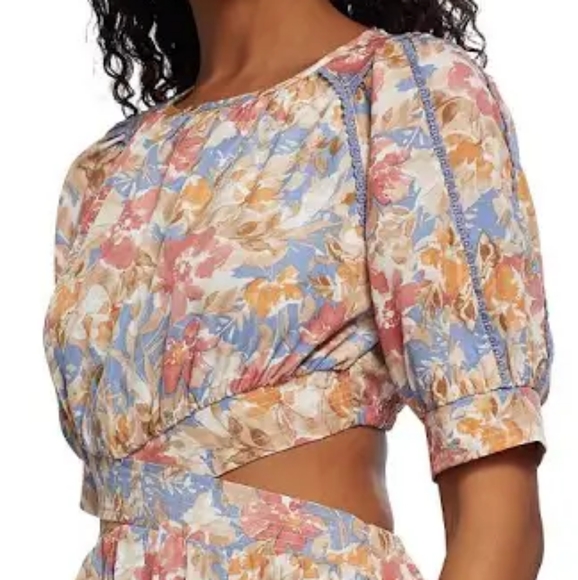 En Saison soleil blue & tan floral print cut out waist tiered midi dress sz M&L - Picture 3 of 6